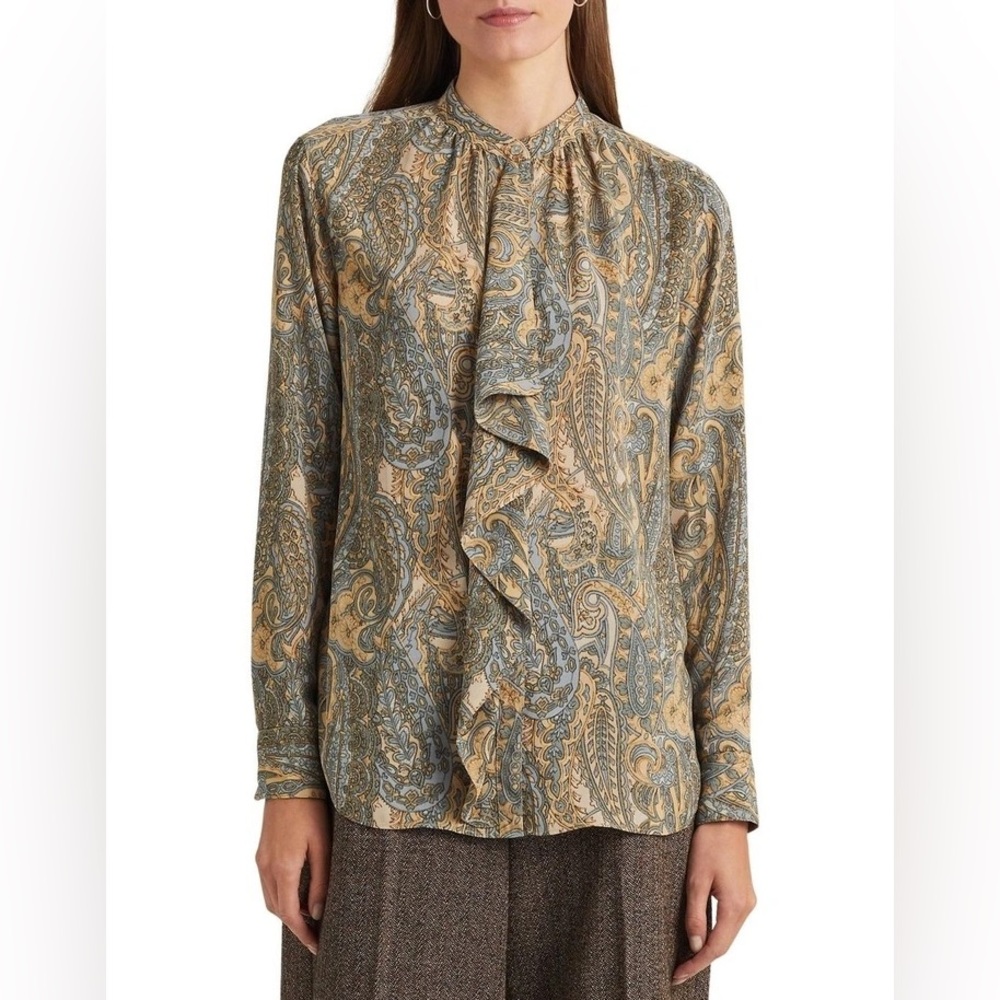 Lauren Ralph Paisley Ruffled Georgette Blouse in Multi - Picture 2 of 7